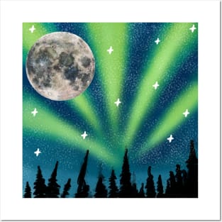 The Moon at Night - Northern lights Posters and Art